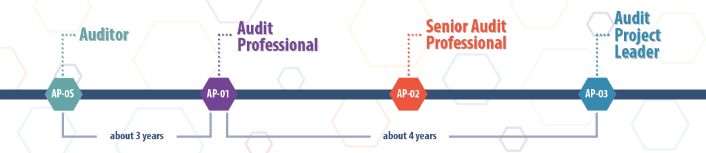 Flowchart showing the number of years it will take to get from audit trainee to audit professional (about 3 years) and to audit project leader (about 4 years)