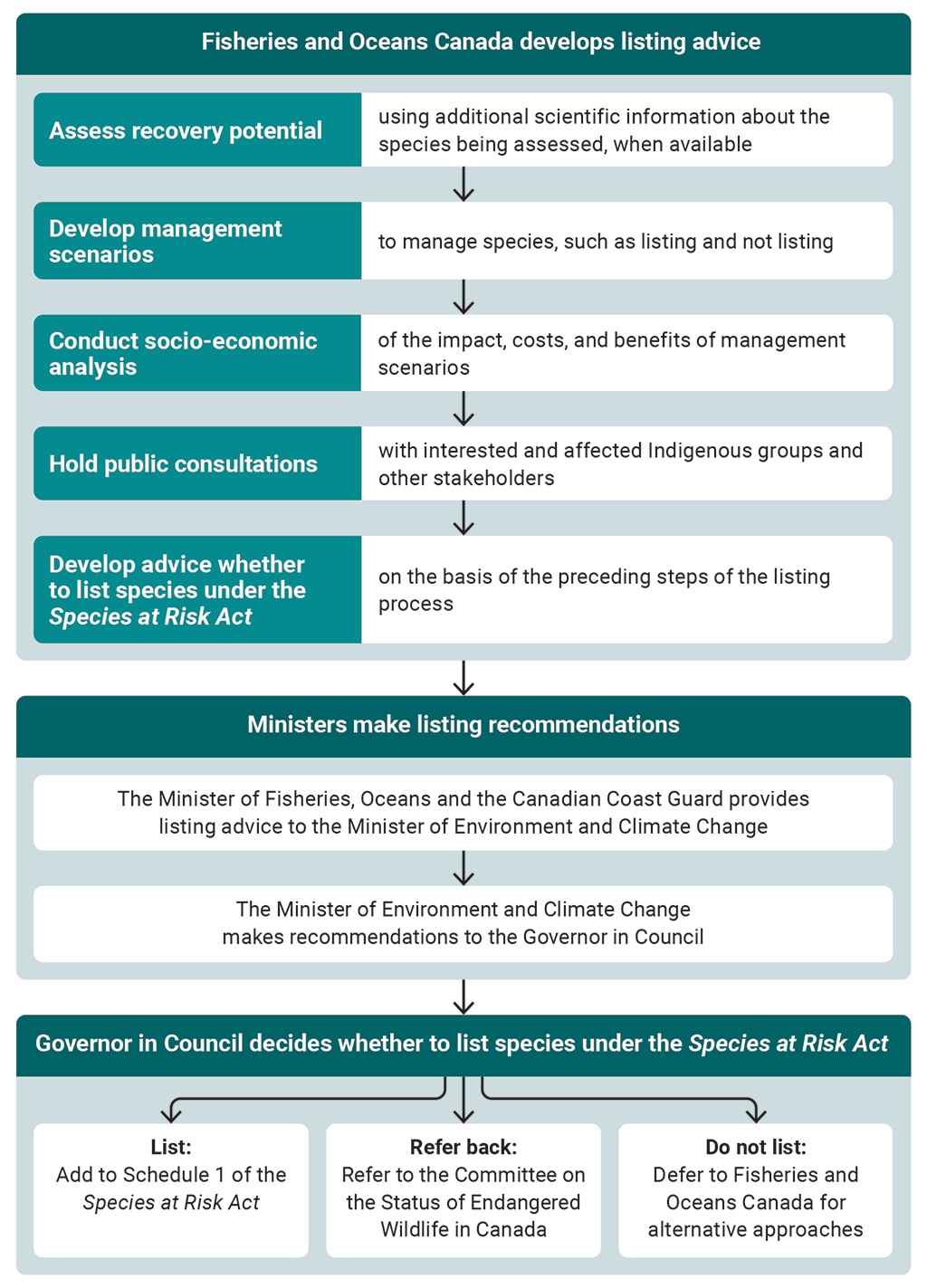 Chart showing the process for developing listing advice, making listing recommendations, and making listing decisions