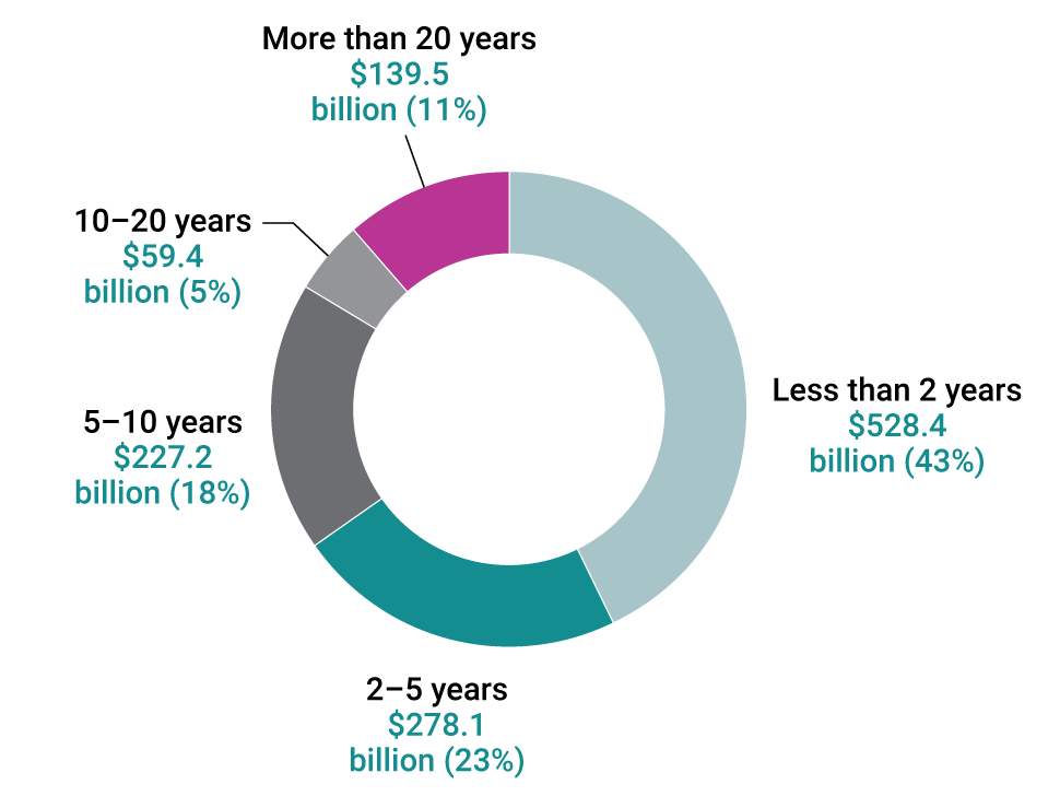 Pie chart showing the composition of the government’s $1.233 trillion of market debt