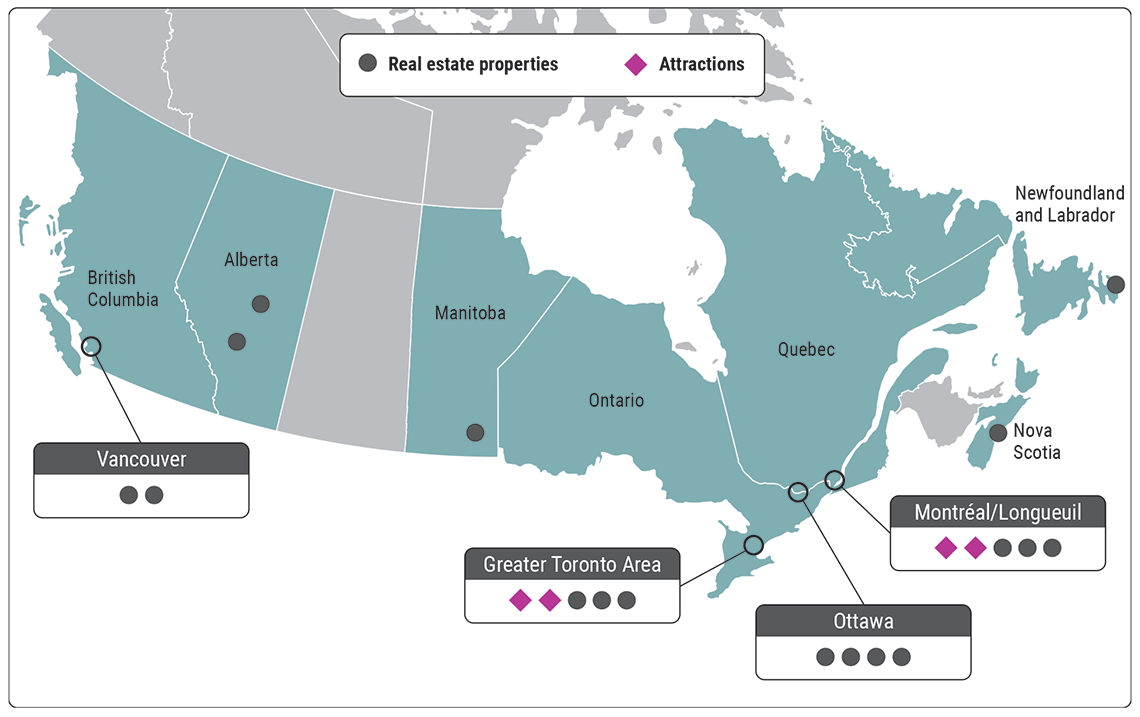 A map of the Canadian provinces showing the locations of the corporation’s properties