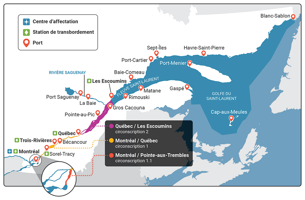 Carte montrant les trois circonscriptions de l’Administration de pilotage des Laurentides, son centre d’affectation, les stations de transbordement et les ports