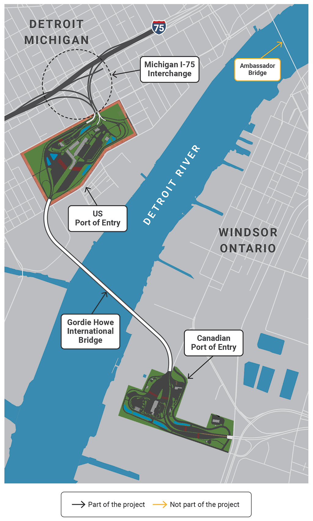 A map showing an overview of the Gordie Howe International Bridge project