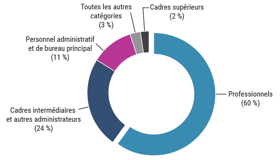 Diagramme à secteurs illustrant la répartition du personnel du Bureau du vérificateur général selon les catégories professionnelles de l’équité en matière d’emploi