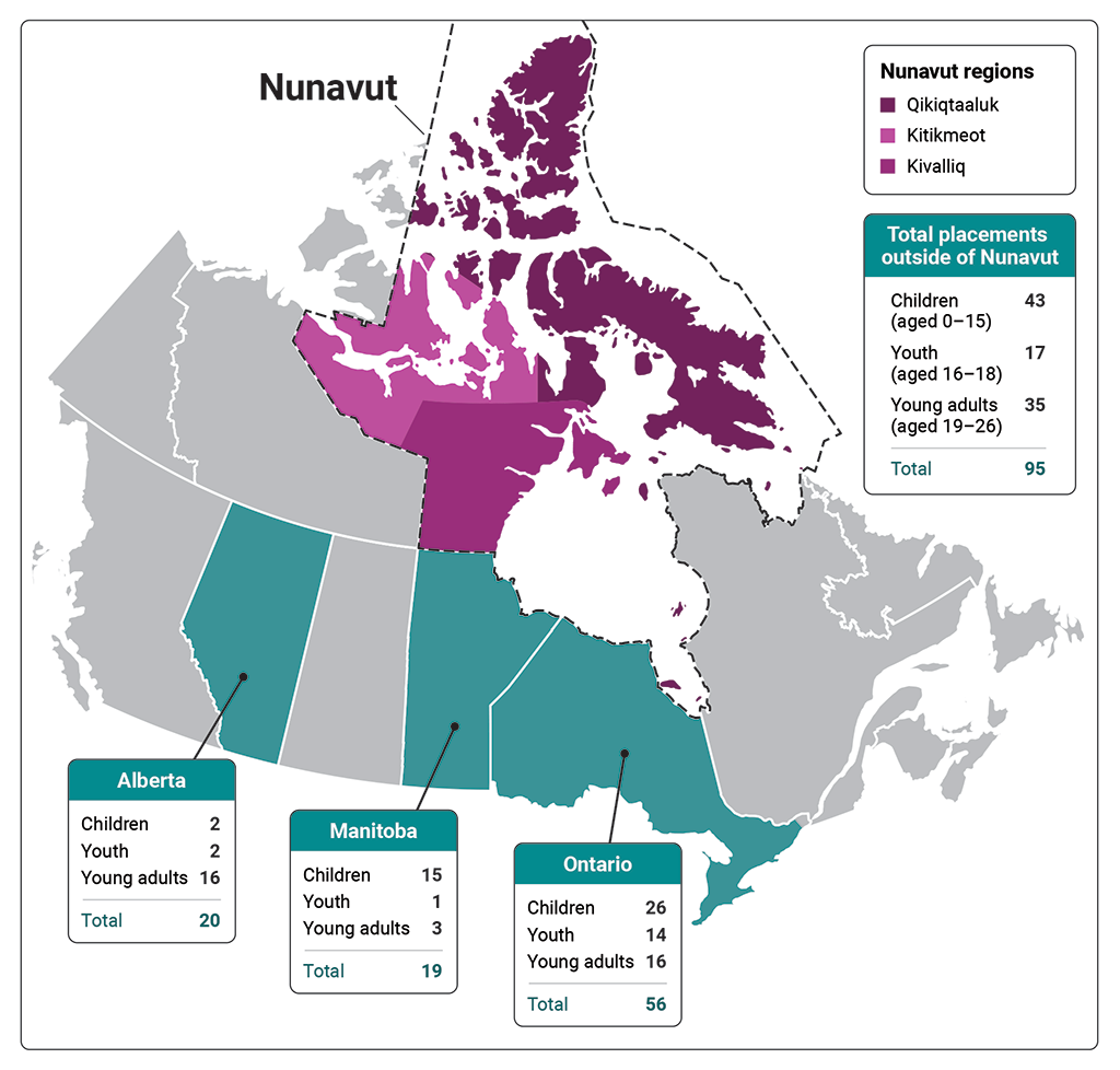 Map showing the number of out-of-territory placements of children, youth, and young adults as of March 2022