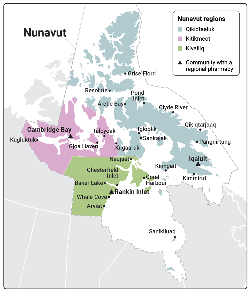 Map showing Nunavut’s 3 regions and 25 communities