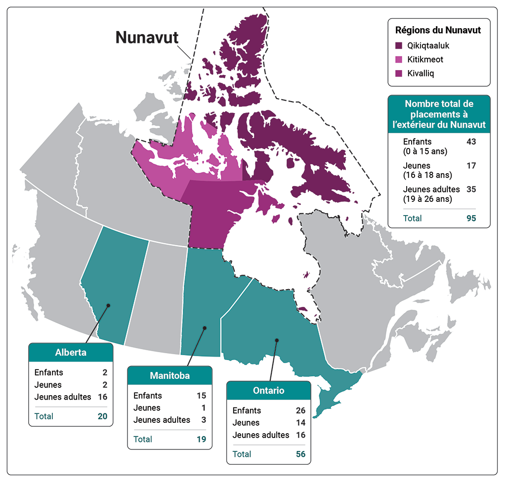 Carte illustrant le nombre d’enfants, de jeunes et de jeunes adultes placés à l’extérieur du territoire en date de mars 2022