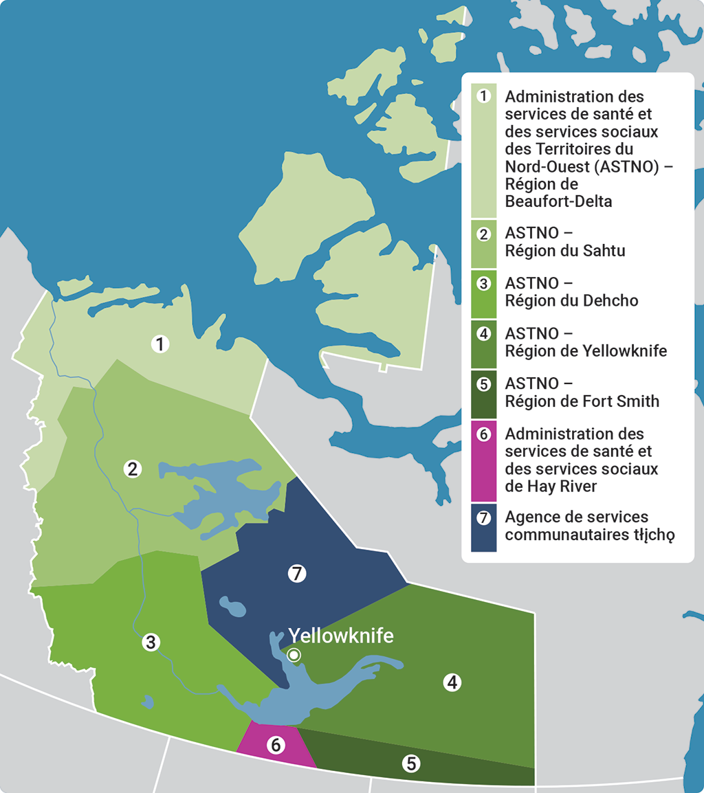 Carte des régions des Territoires du Nord Ouest desservies par les trois administrations de services de santé et de services sociaux