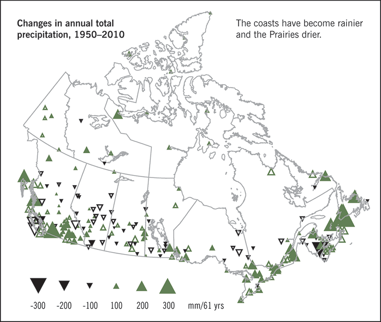 Map of Canada showing changes in annual total precipitation from 1950 to 2010