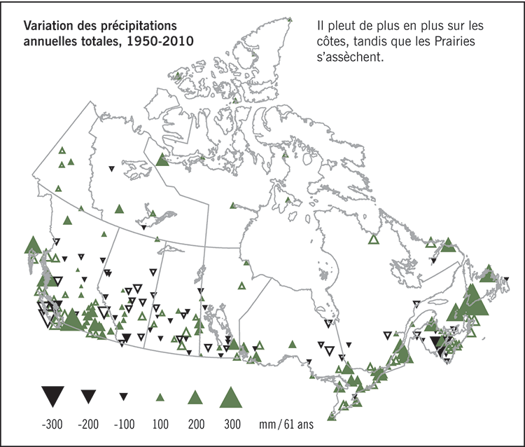 Carte du Canada montrent la variation des précipitations anuelles totales de 1950 à 2010