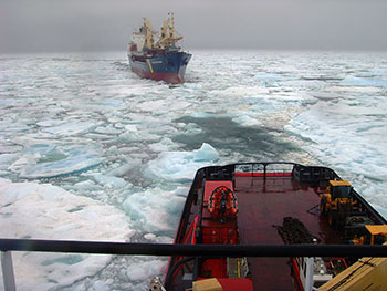 Photo d’un brise-glace qui aide un navire coincé dans la glace