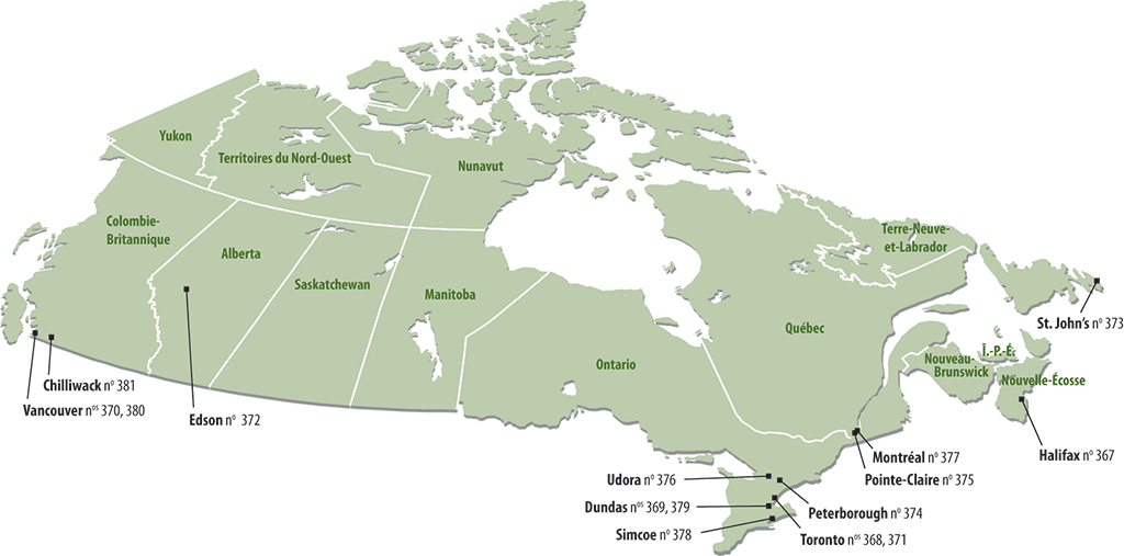 Cette carte du Canada montre les communautés d’où proviennent les pétitions reçues entre le 1<sup>er</sup> juillet 2014 et le 30 juin 2015