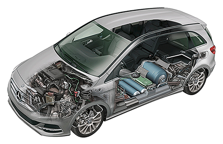 This photograph shows the inner workings of a vehicle powered by a fuel cell