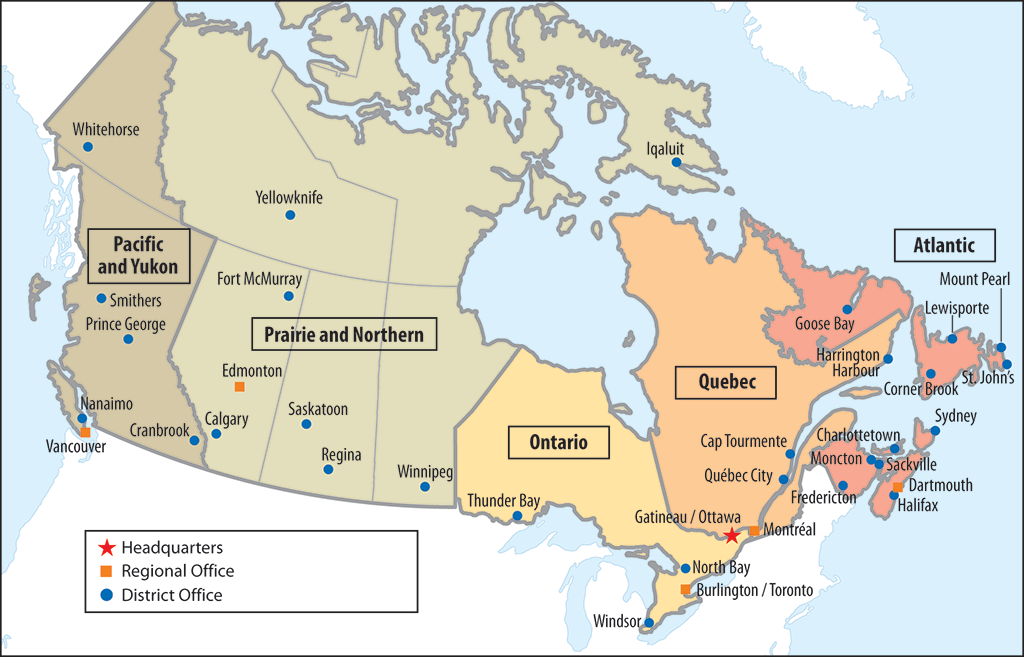 Map showing the locations of Environment and Climate Change Canada’s enforcement offices across Canada