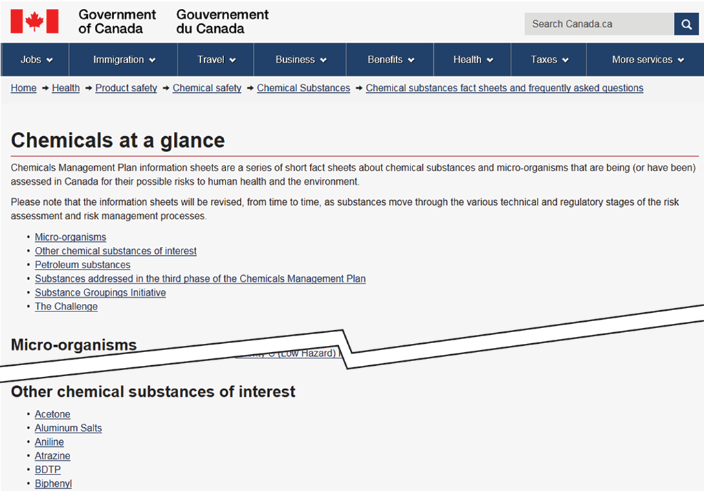 Photo of two sections of the Government of Canada’s “Chemicals at a glance” website