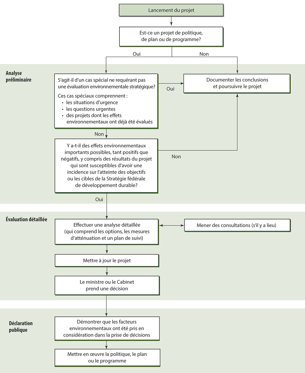 Organigramme illustrant le processus d’évaluation environnementale stratégique que doivent suivre les ministères et organismes fédéraux