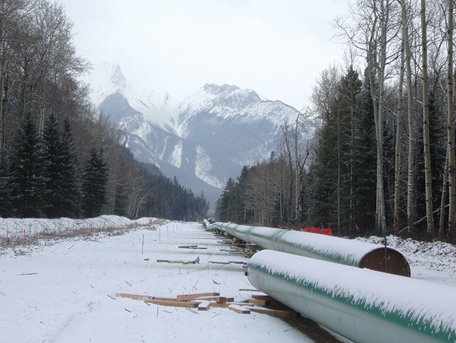 Photographie de sections d’un pipeline sur un terrain enneigé dans une région montagneuse et boisée