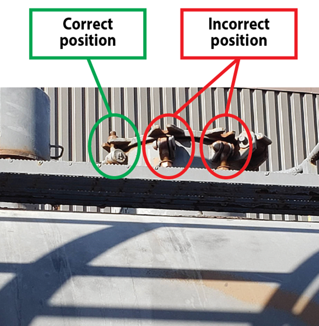 Photograph of 3 bolts that secure a cover on a rail car: the first in the correct position and the second and third in incorrect positions