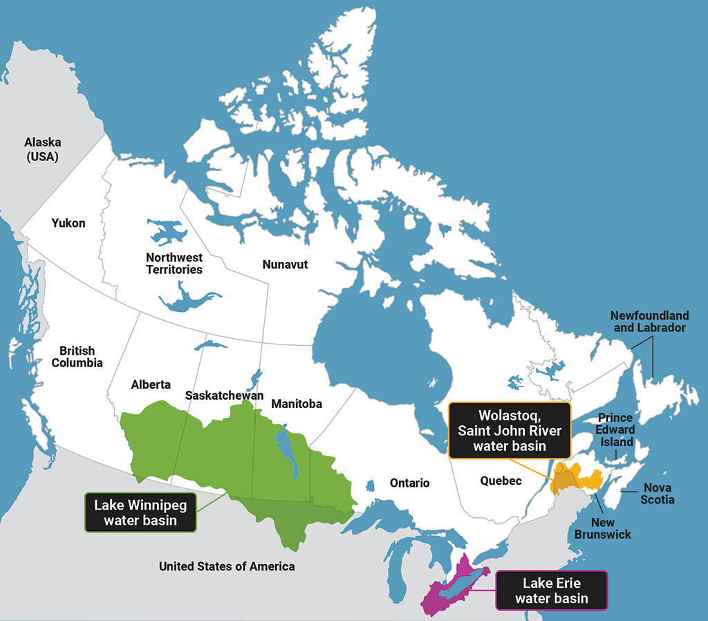 Map showing locations of Lake Winnipeg, Lake Erie, and Wolastoq, Saint John River water basins