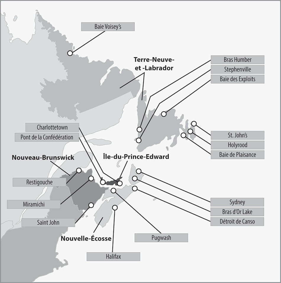 Carte illustrant l’emplacement des 17 zones de pilotage obligatoire du Canada atlantique