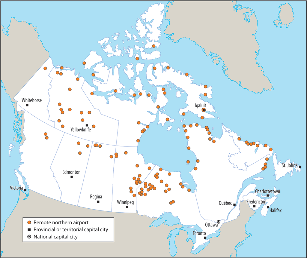 Map of Canada showing approximate locations of 117 remote northern airports examined for this audit