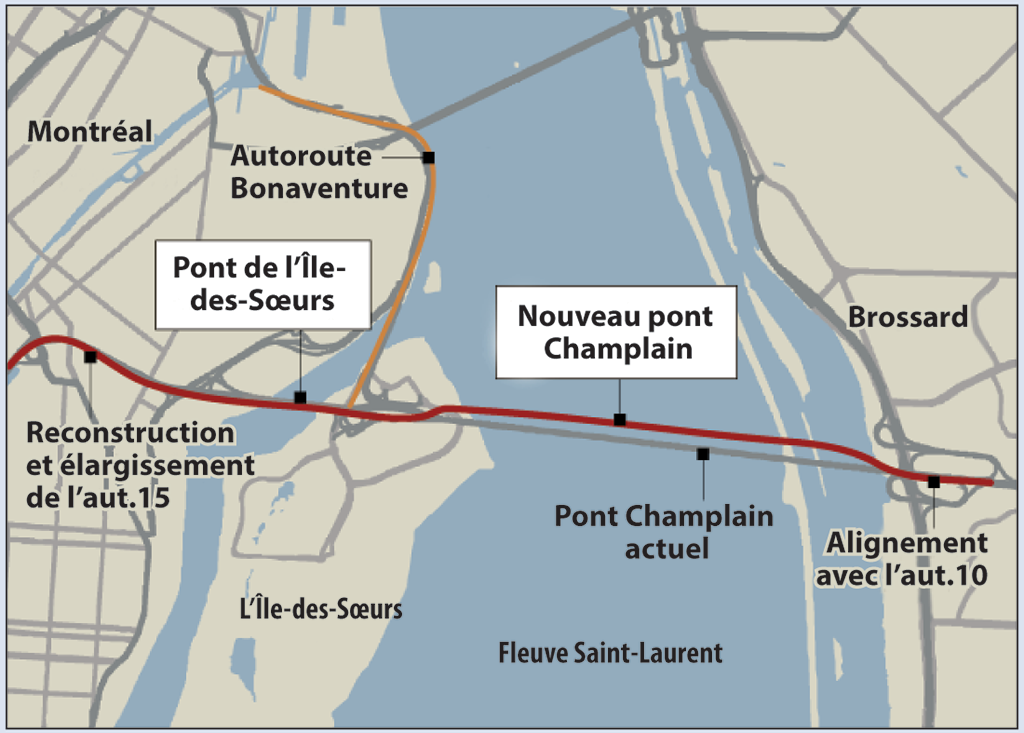 Une carte montrant l’emplacement du pont Champlain actuel, du nouveau pont Champlain et du pont de l’Île-des-Sœurs