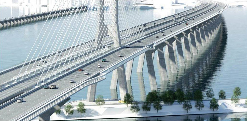 Rendu d’architecture du nouveau pont Champlain, sur lequel circulent des voitures et d’autres véhicules