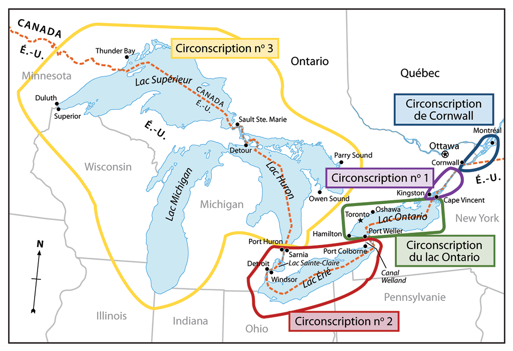 Carte montrant l’emplacement des cinq zones de pilotage obligatoire ou circonscriptions de la Société dans la région des Grands Lacs