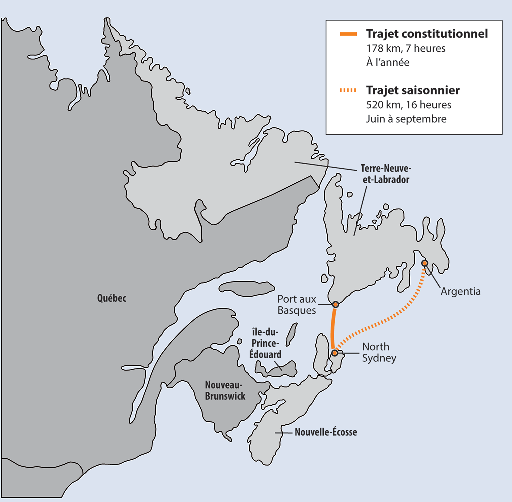 Carte montrant les trajets en traversier à l’année et saisonnier de Marine Atlantique S.C.C.