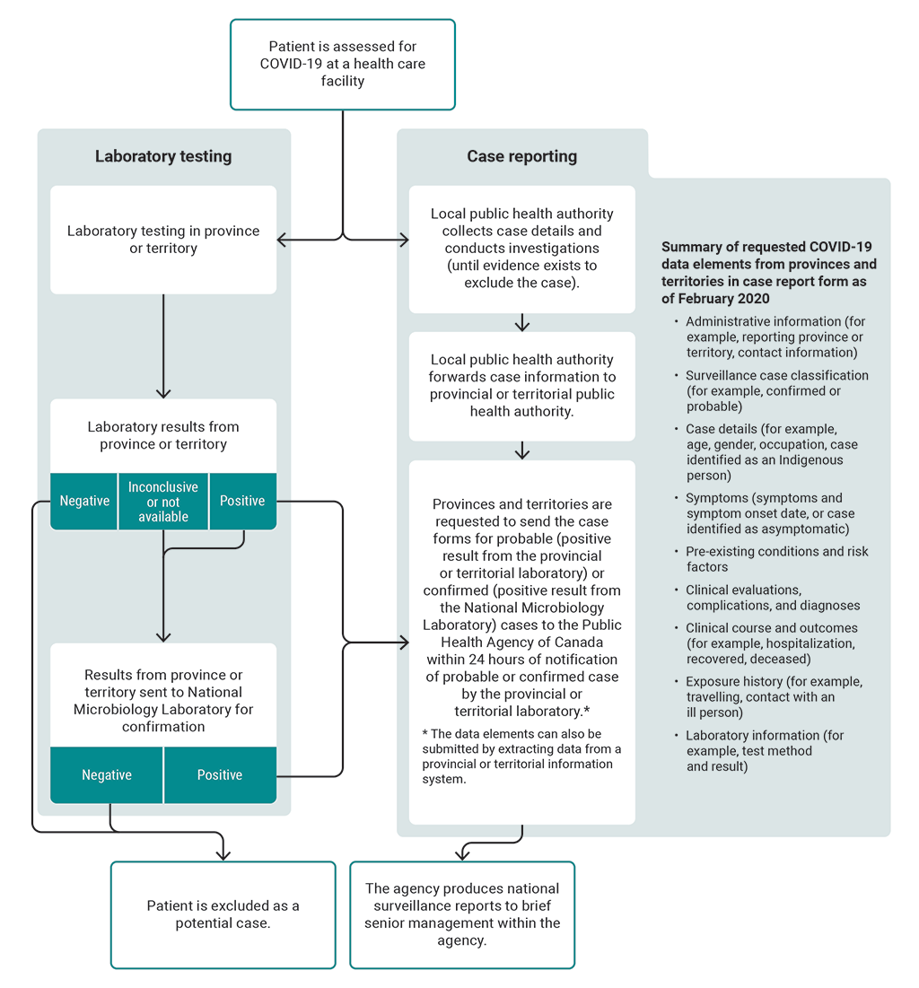 Provinces and territories were asked to send case report forms that included specific data elements for probable or confirmed cases of COVID-19 to the Public Health Agency of Canada