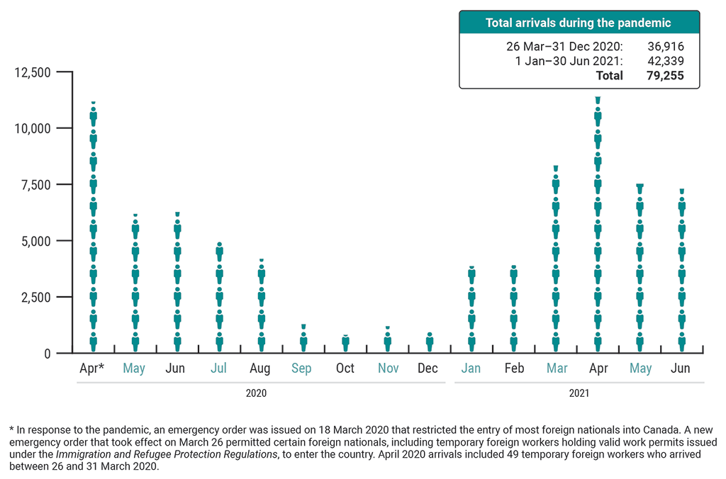 Chart showing the arrivals of agricultural temporary foreign workers in Canada by month