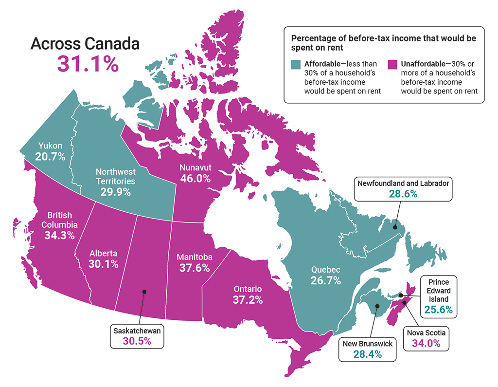 Map of Canada showing the percentage of before-tax income that would be spent on rent in 2020