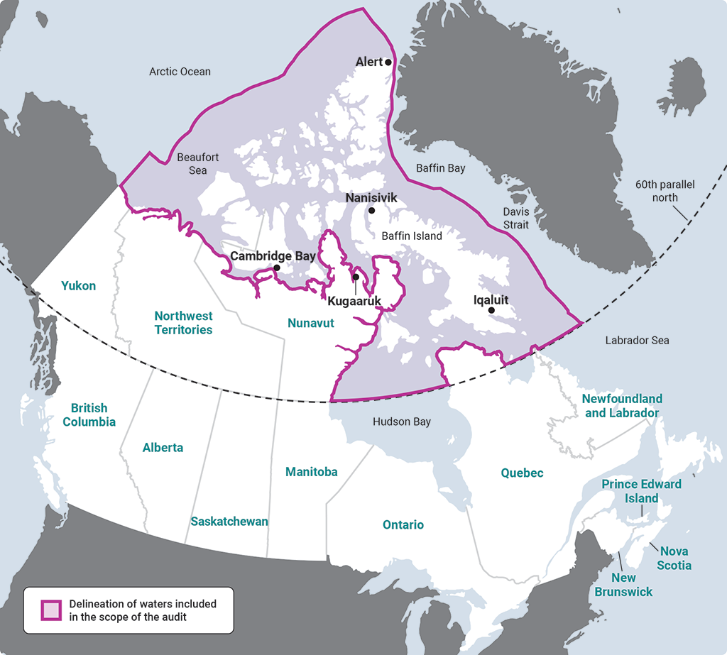 Map of Canada showing the Arctic waters included in the scope of the audit