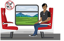 Illustration showing Chayton in an allergen-free area of a train, sitting in a seat next to a window and across from an empty seat