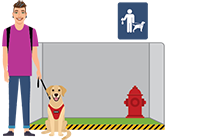 Illustration showing Dani and their seizure alert dog on a leash at a terminal, standing near a service dog relief area, which includes a grass-like surface with an artificial fire hydrant