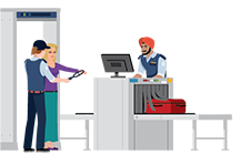 Illustration showing Elise going through airport security with an officer screening her and another officer at a computer screening her baggage