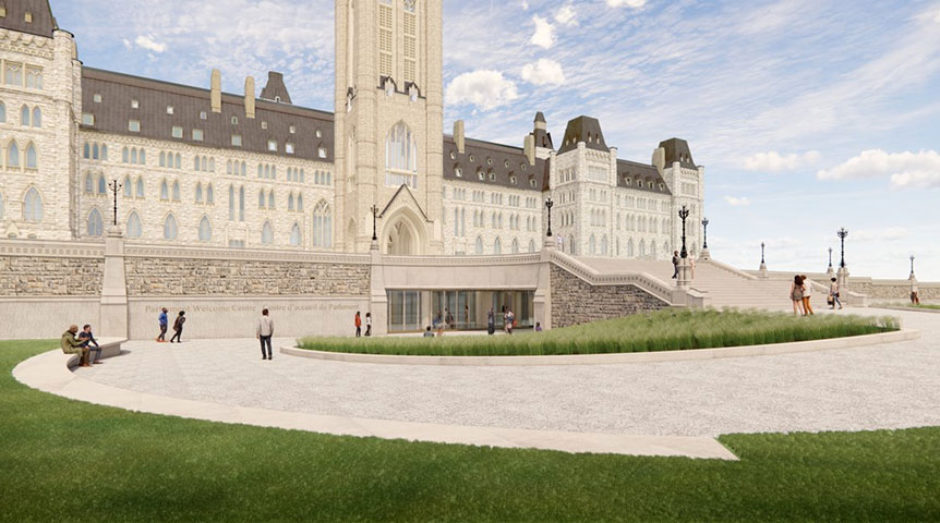 Dessin conceptuel de l’extérieur du nouveau Centre d’accueil du Parlement