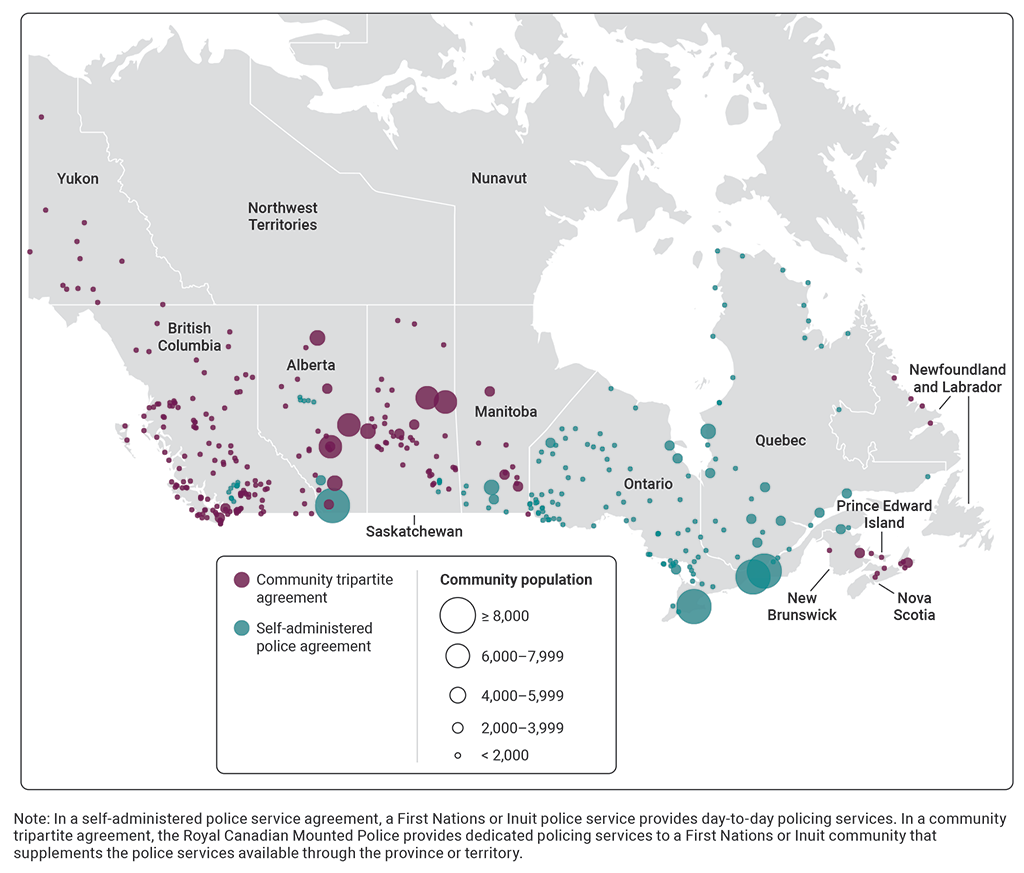 Map showing the distribution of agreements across Canada and community population sizes