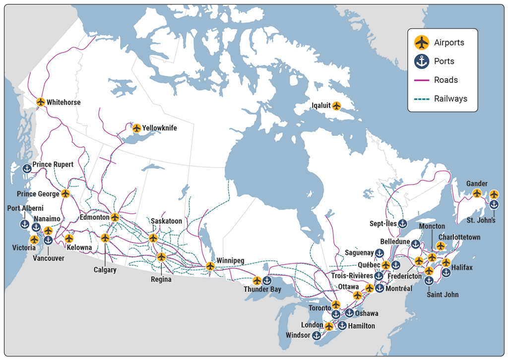 Map showing where 4 selected components of Canada’s trade-related transportation system are located