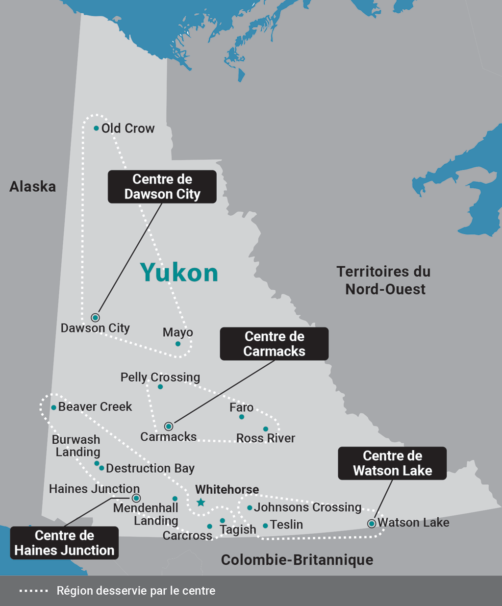 Carte du Yukon, montrant les collectivités rurales desservies par les quatre centres des Services pour le mieux-être mental et la lutte contre l’alcoolisme et la toxicomanie